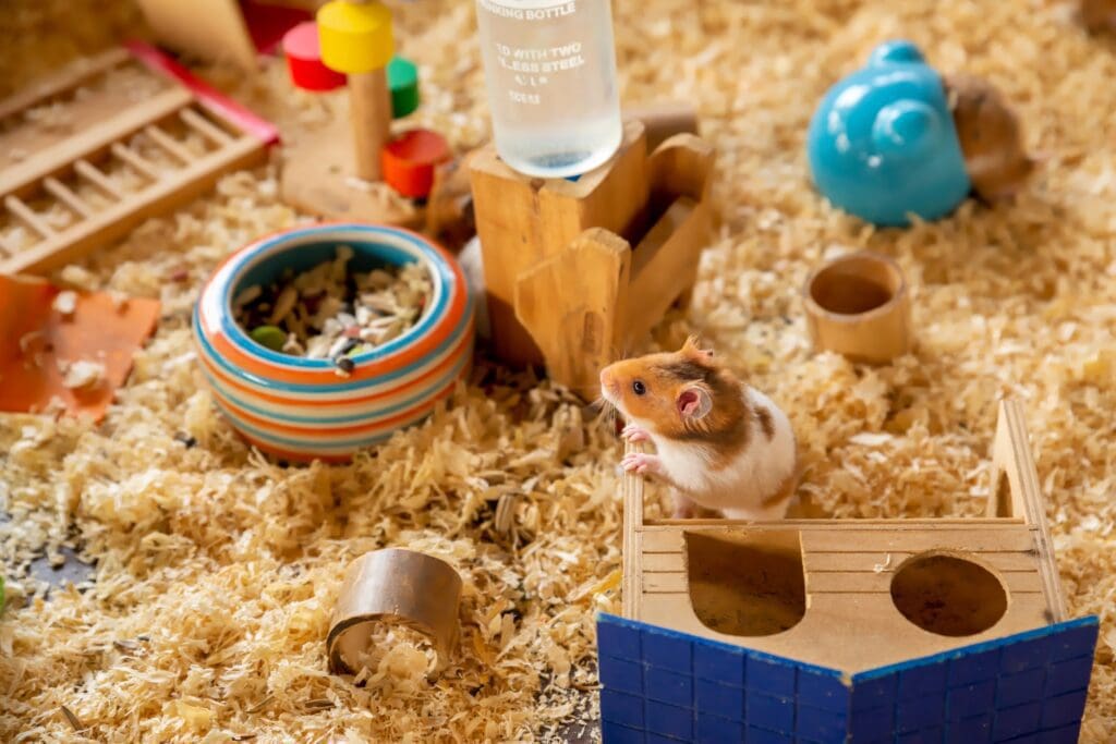 Small cute hamster in a cage with many toys, as well as food and water