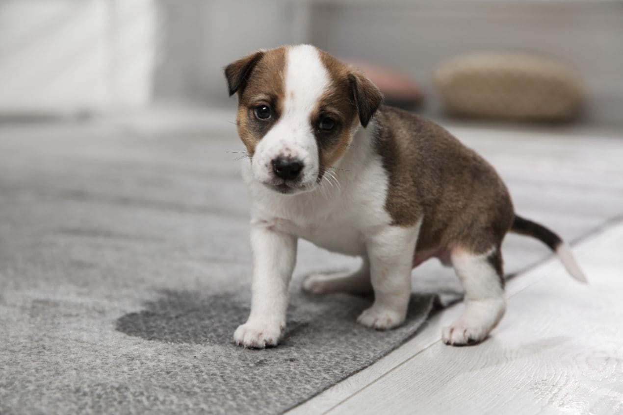 Puppy standing next to a puddle on carpet